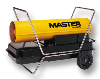 Master portable forced air heater, 55,000 BTU's, kerosene, fuel oil, low & high pressure construction salamader / torpedo type heaters