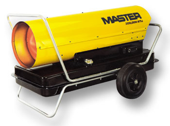 Master portable forced air heater, 55,000 BTU's, kerosene, fuel oil, low & high pressure construction salamader / torpedo type heaters