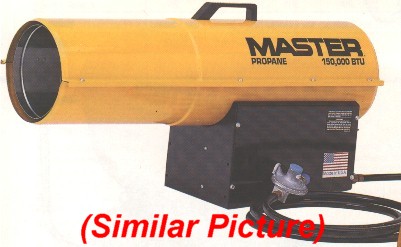 Master portable forced air heater, propane construction salamader / torpedo type heaters.